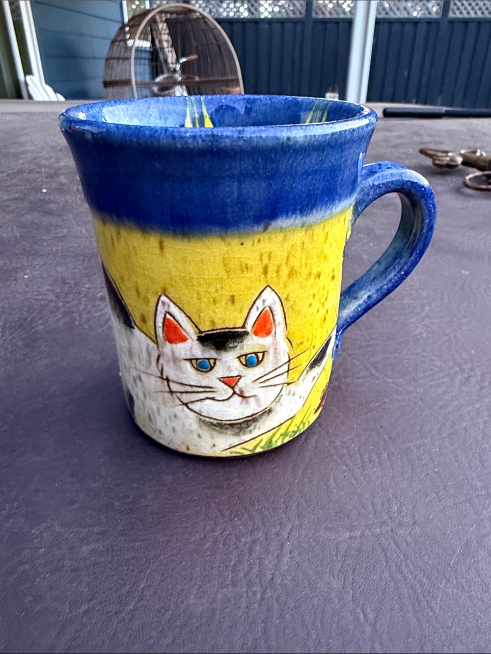 Blue & Yellow Cat Ceramic Mug - Keil Pottery mug
